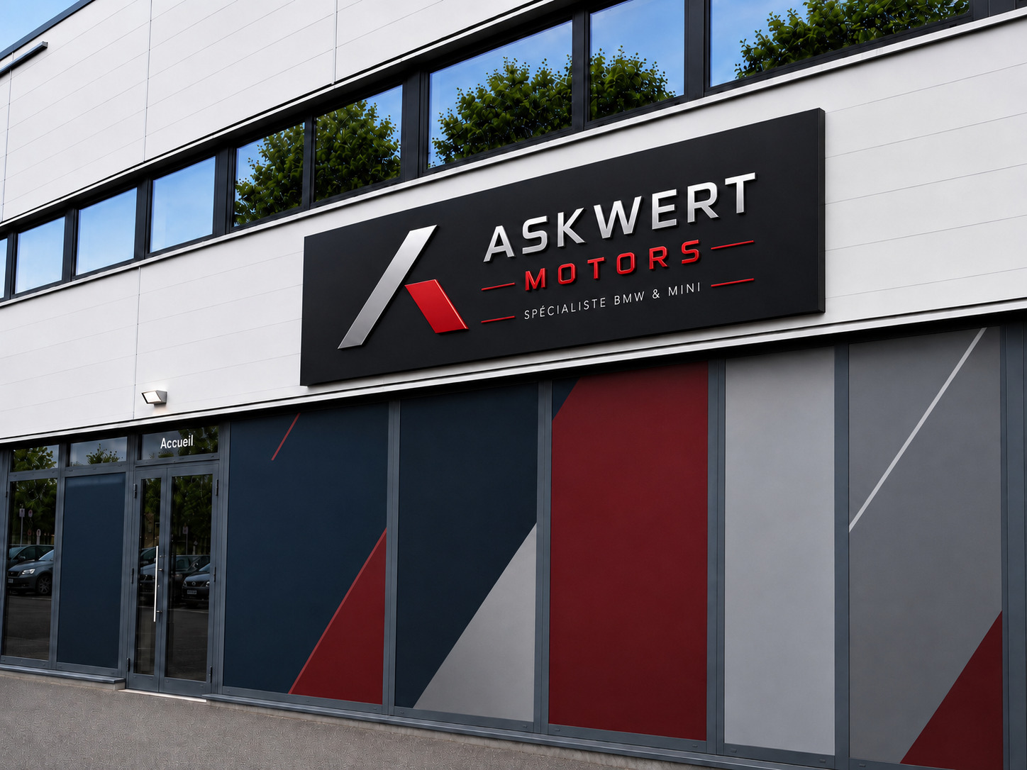Façade du garage Askwert Motors avec son enseigne